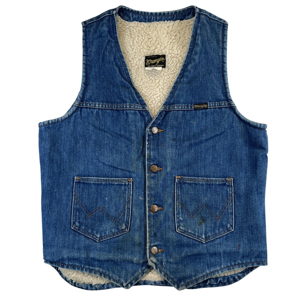 Vintage Wrangler Vest Mens Medium Denim Sherpa Lined Western USA No Fault 80s